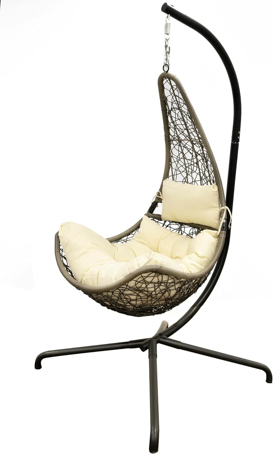 Grey Round Weave Hanging Chair - Cream Cushion