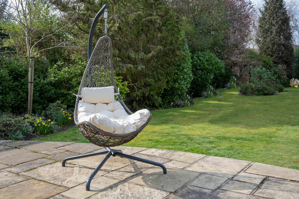 Grey Round Weave Hanging Chair - Cream Cushion