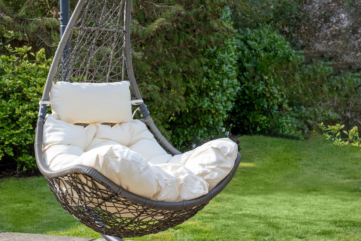 Grey Round Weave Hanging Chair - Cream Cushion