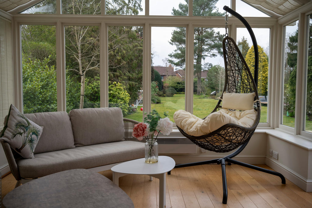Grey Round Weave Hanging Chair - Cream Cushion