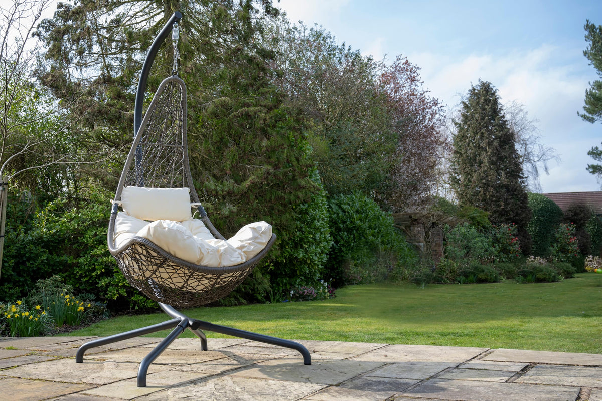 Grey Round Weave Hanging Chair - Cream Cushion