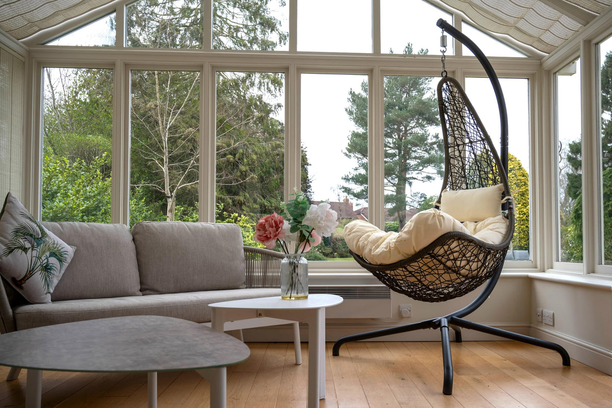 Grey Round Weave Hanging Chair - Cream Cushion