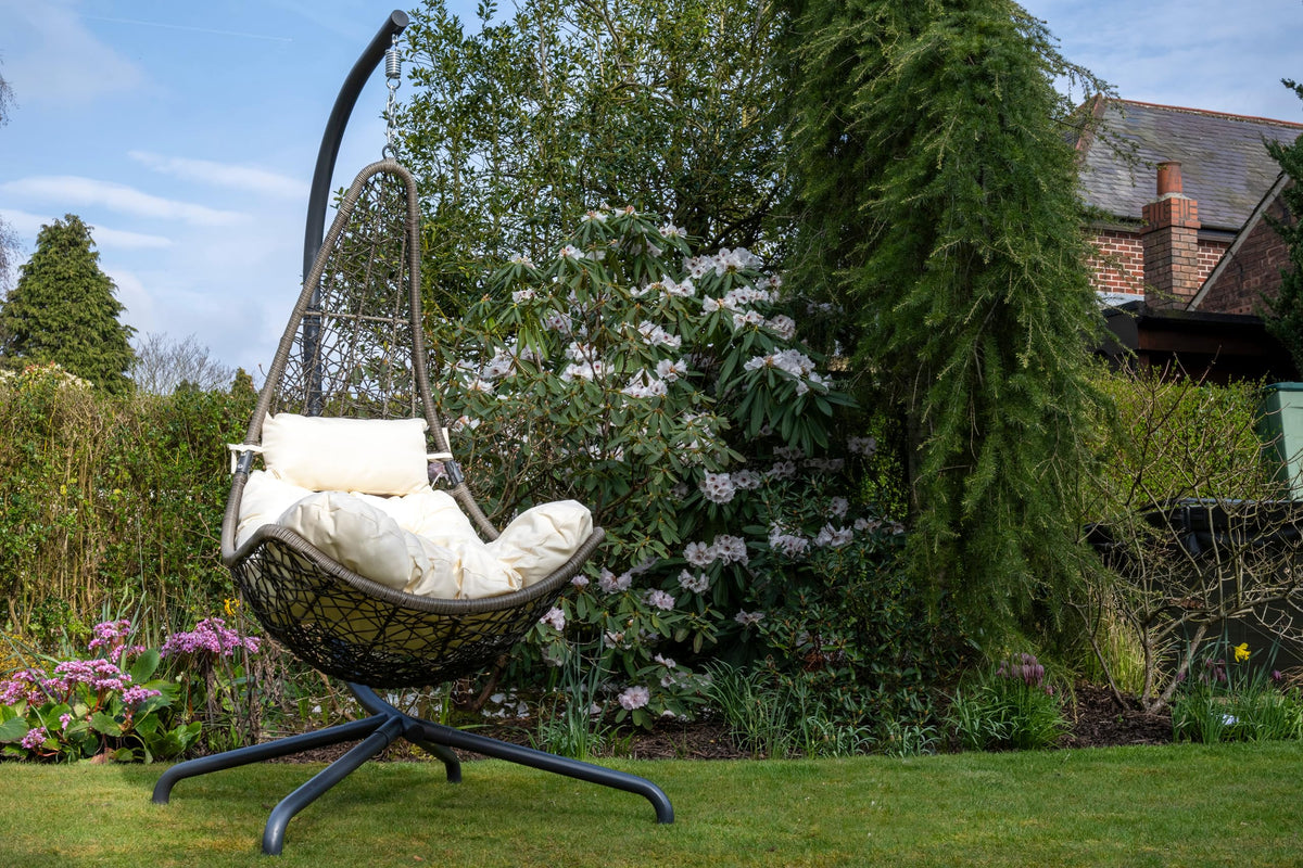 Grey Round Weave Hanging Chair - Cream Cushion