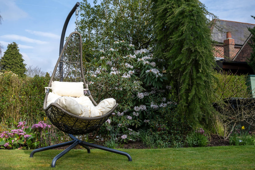 Grey Round Weave Hanging Chair - Cream Cushion