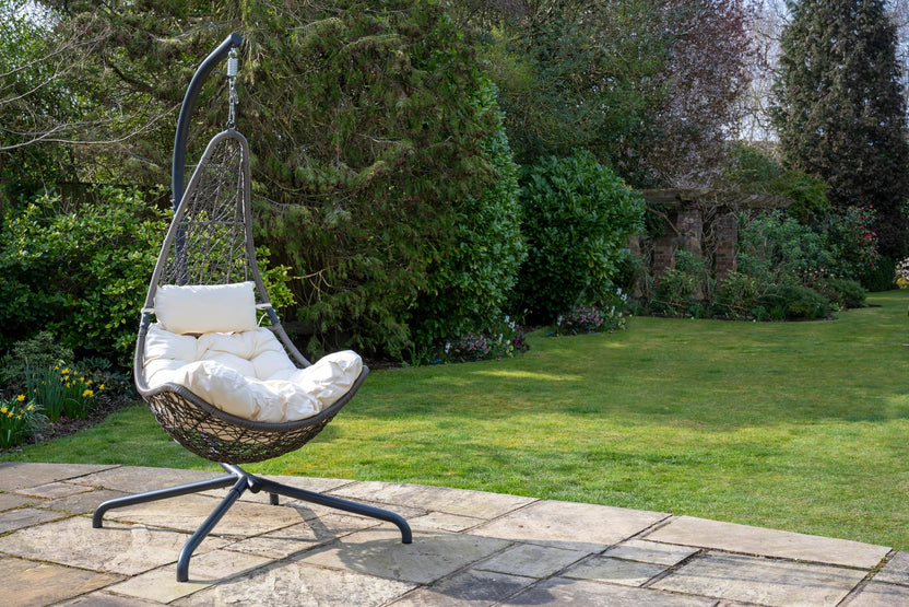Grey Round Weave Hanging Chair - Cream Cushion