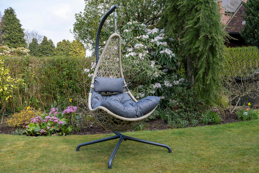 Grey Flat Weave Hanging Chair - Grey Cushion