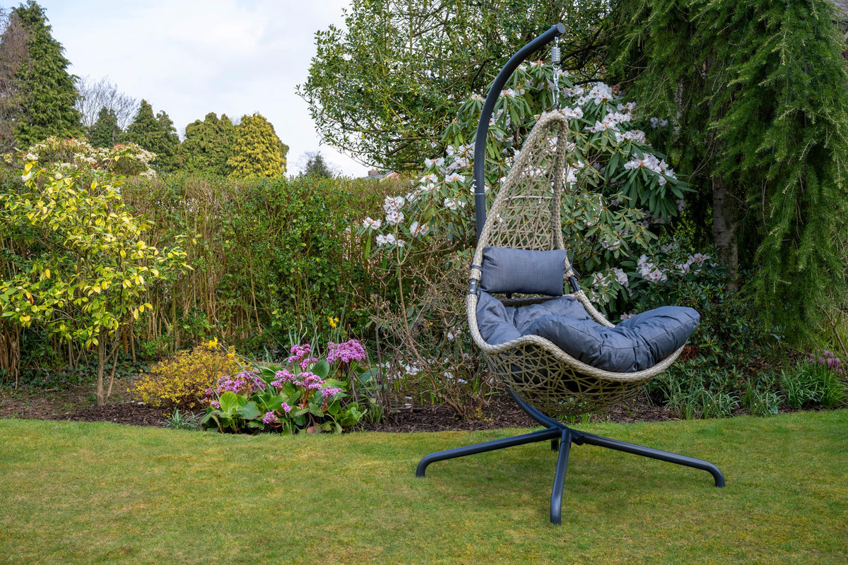 Grey Flat Weave Hanging Chair - Grey Cushion