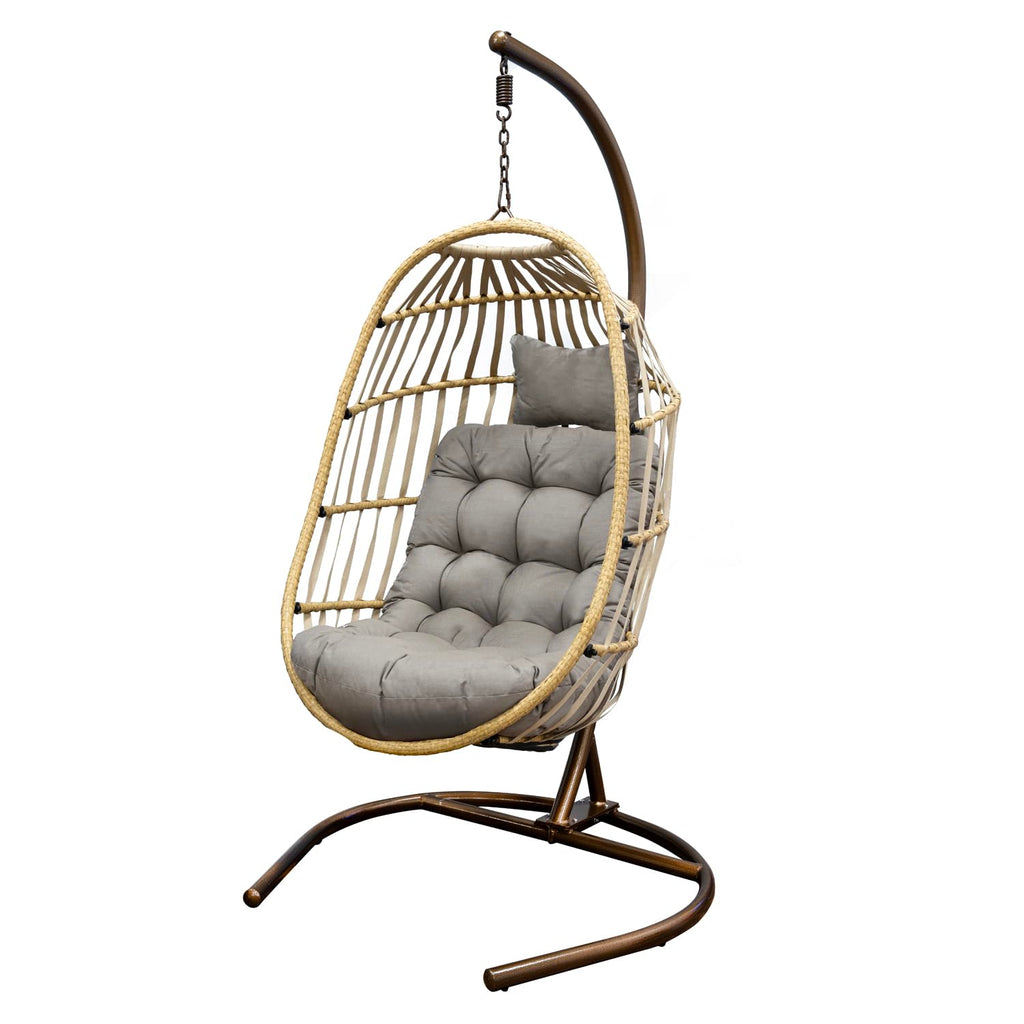 Signature Folding Taupe Rattan Hanging Chair with Grey Cushion