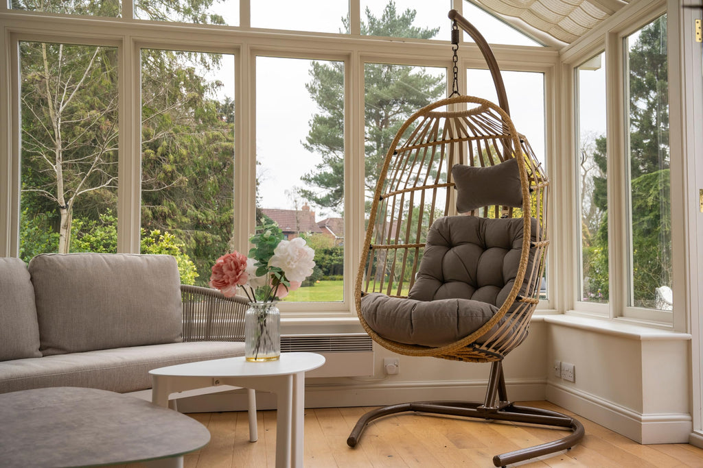 Signature Folding Taupe Rattan Hanging Chair with Grey Cushion