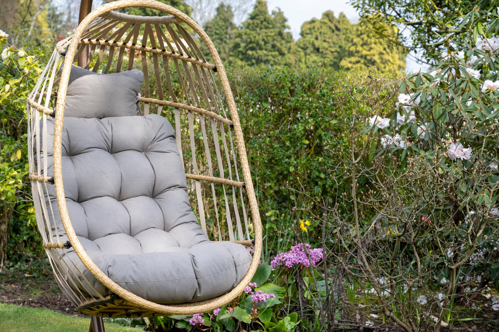 Signature Folding Taupe Rattan Hanging Chair with Grey Cushion