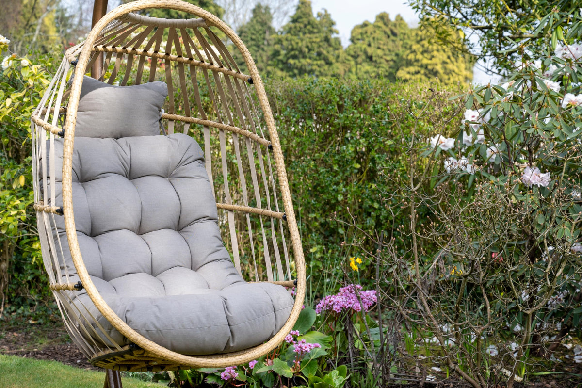 Signature Folding Taupe Rattan Hanging Chair with Grey Cushion