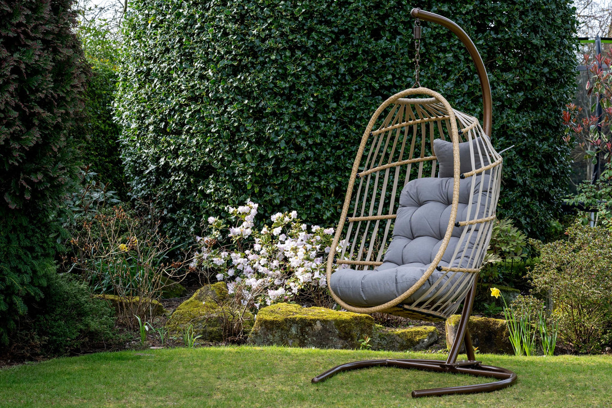 Signature Folding Taupe Rattan Hanging Chair with Grey Cushion