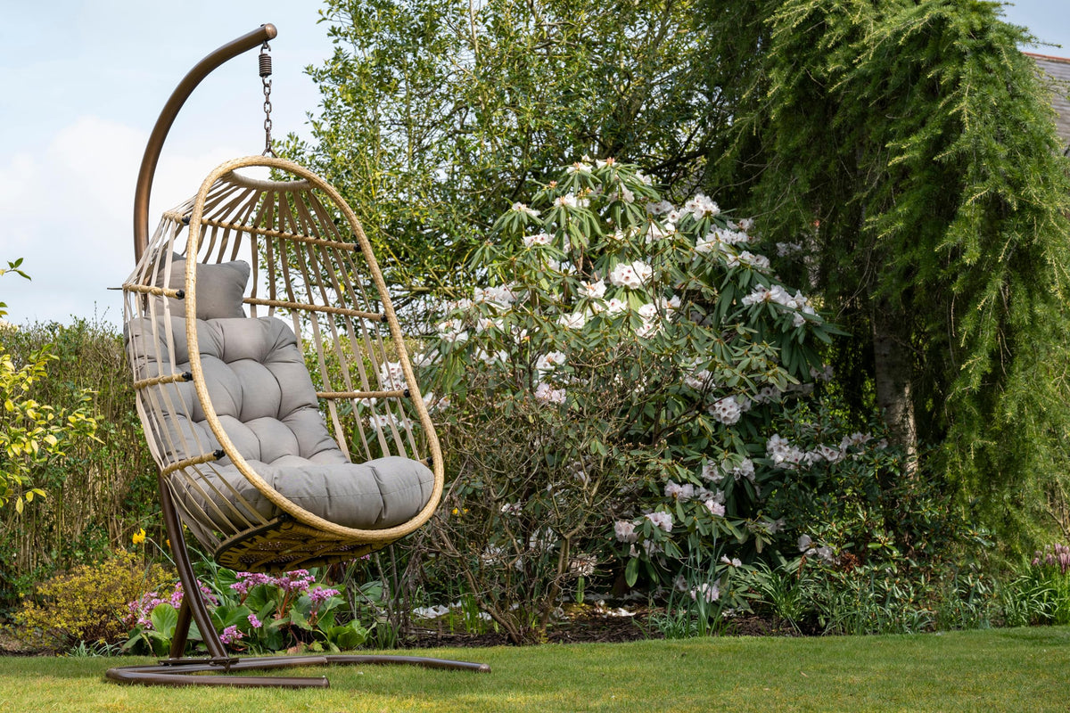 Signature Folding Taupe Rattan Hanging Chair with Grey Cushion