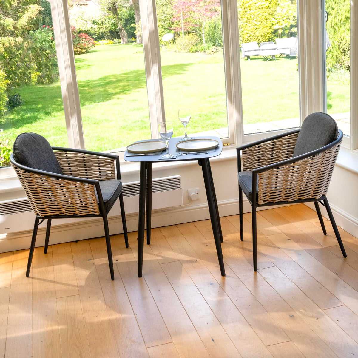 Bolingbroke 2 Seat Aluminium Brown Wicker 59cm Bistro Table Set - Dark Grey Cushions
