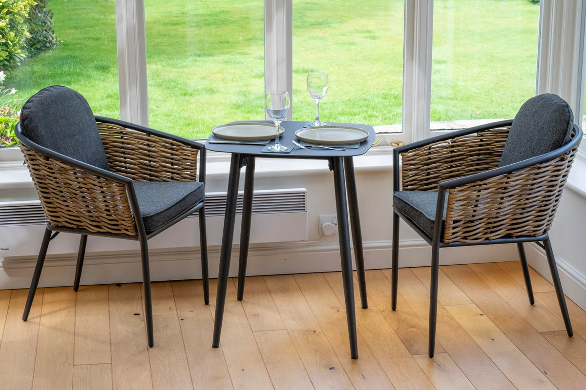 Bolingbroke 2 Seat Aluminium Brown Wicker 59cm Bistro Table Set - Dark Grey Cushions