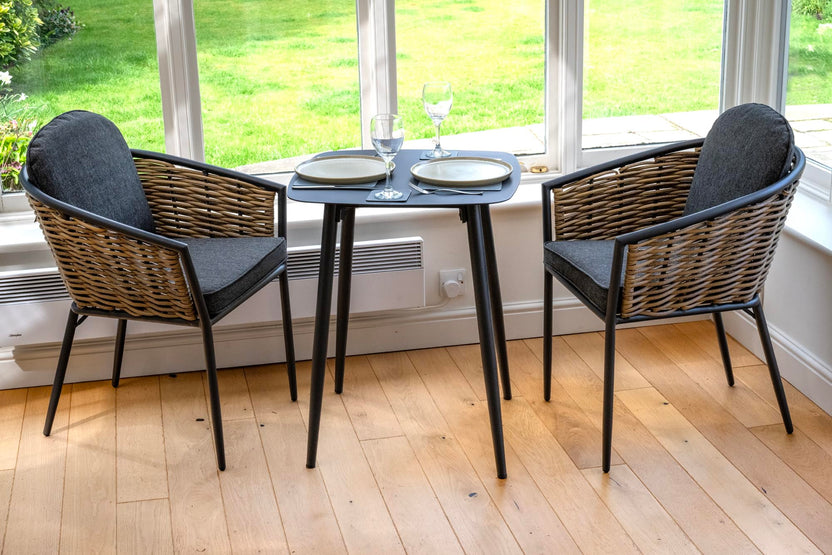 Bolingbroke 2 Seat Aluminium Brown Wicker 59cm Bistro Table Set - Dark Grey Cushions