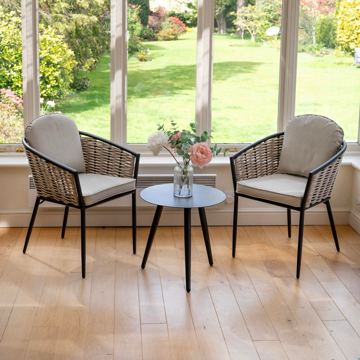 Bolingbroke 2 Seat Aluminium Brown Wicker Coffee Table Set - Beige Cushions