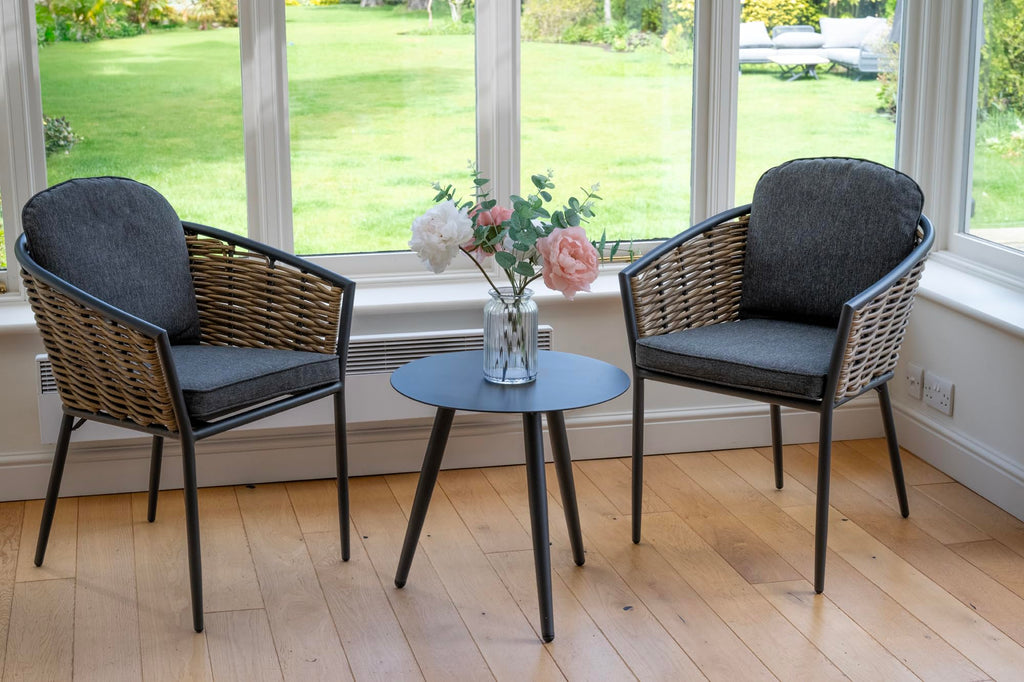 Bolingbroke 2 Seat Aluminium Brown Wicker Coffee Table Set - Dark Grey Cushions