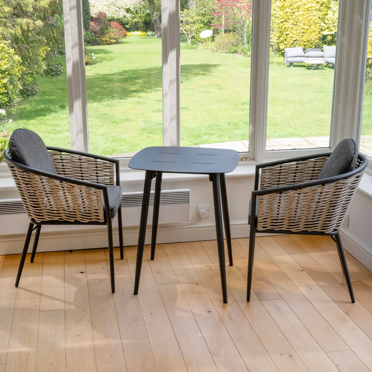 Bolingbroke 2 Seat Aluminium Grey Wicker 59cm Bistro Table Set - Dark Grey Cushions