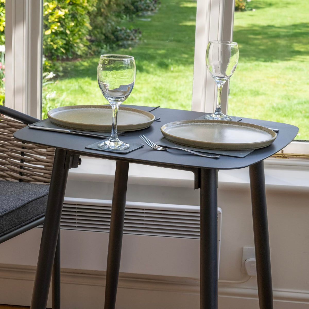 Bolingbroke 2 Seat Aluminium Grey Wicker 59cm Bistro Table Set - Dark Grey Cushions