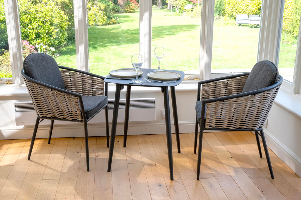 Bolingbroke 2 Seat Aluminium Grey Wicker 59cm Bistro Table Set - Dark Grey Cushions