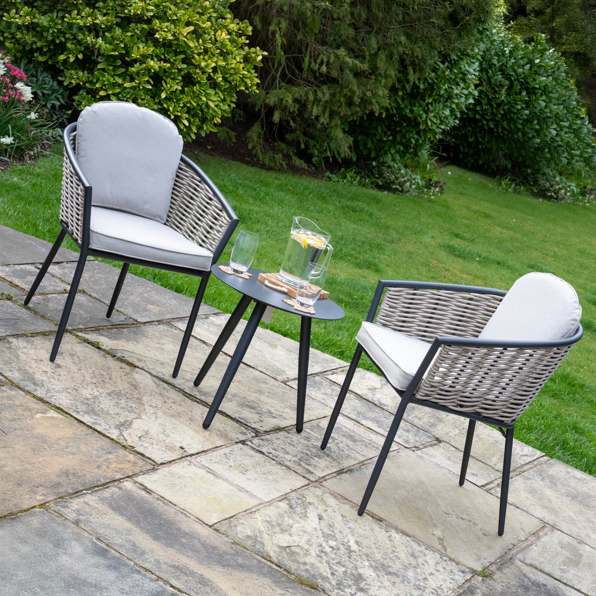 Bolingbroke 2 Seat Aluminium Grey Wicker Coffee Table Set - Beige Cushions