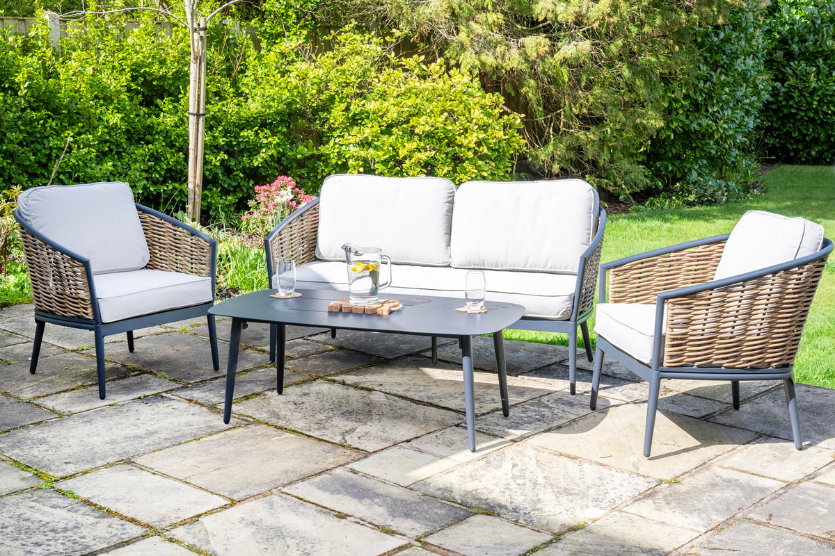 Bolingbroke 4 Seat Aluminium Brown Wicker Sofa Coffee Table Set - Beige Cushions