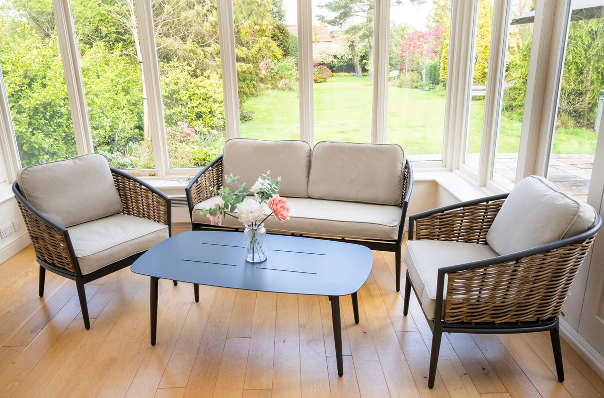 Bolingbroke 4 Seat Aluminium Brown Wicker Sofa Coffee Table Set - Beige Cushions