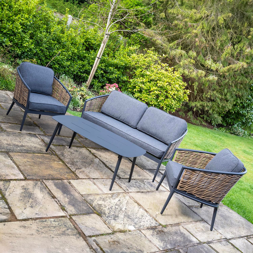 Bolingbroke 4 Seat Aluminium Brown Wicker Sofa Coffee Table Set - Dark Grey Cushions