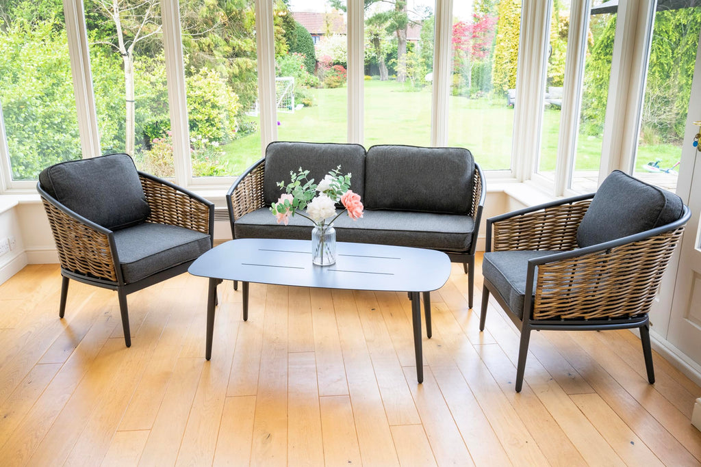 Bolingbroke 4 Seat Aluminium Brown Wicker Sofa Coffee Table Set - Dark Grey Cushions