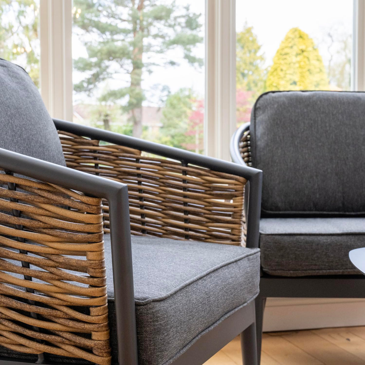 Bolingbroke 4 Seat Aluminium Brown Wicker Sofa Coffee Table Set - Dark Grey Cushions