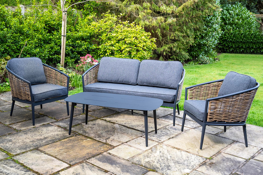 Bolingbroke 4 Seat Aluminium Brown Wicker Sofa Coffee Table Set - Dark Grey Cushions
