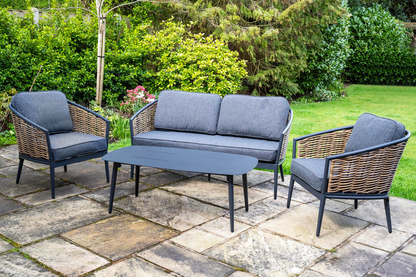 Bolingbroke 4 Seat Aluminium Brown Wicker Sofa Coffee Table Set - Dark Grey Cushions