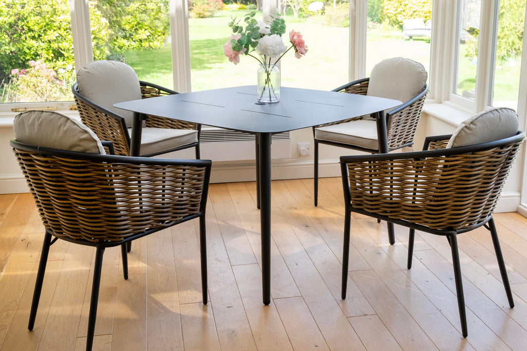 Bolingbroke 4 Seat Aluminium Brown Wicker 110cm Bistro Table Set - Beige Cushions