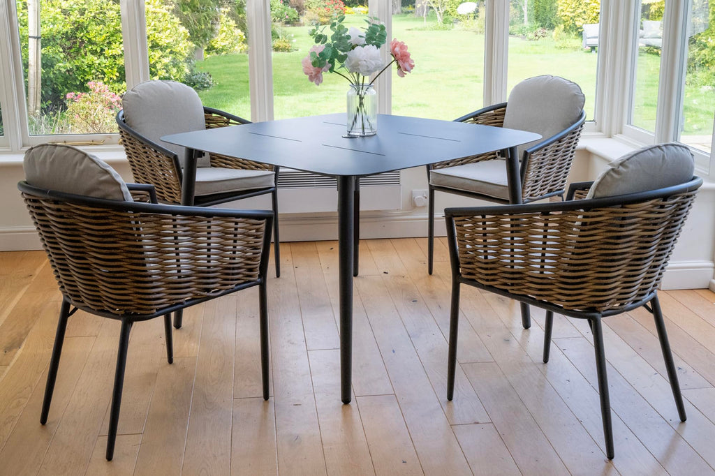 Bolingbroke 4 Seat Aluminium Brown Wicker 110cm Bistro Table Set - Beige Cushions