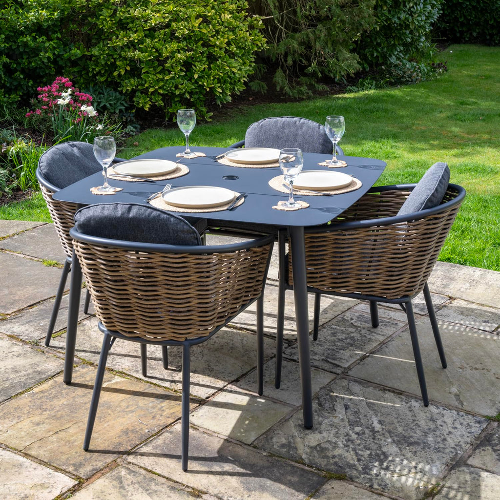 Bolingbroke 4 Seat Aluminium Brown Wicker 110cm Dining Table Set - Dark Grey Cushions