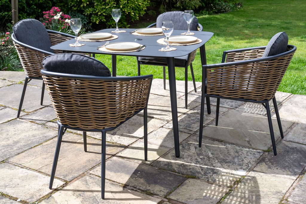 Bolingbroke 4 Seat Aluminium Brown Wicker 110cm Dining Table Set - Dark Grey Cushions