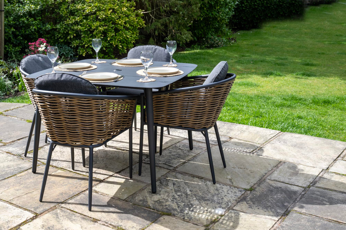 Bolingbroke 4 Seat Aluminium Brown Wicker 110cm Dining Table Set - Dark Grey Cushions