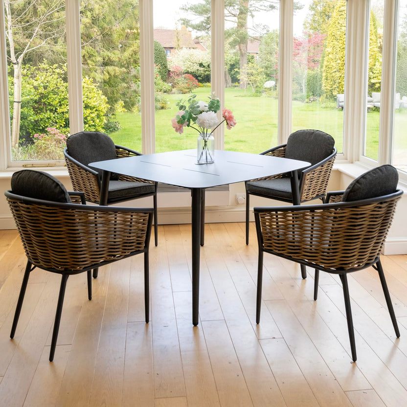 Bolingbroke 4 Seat Aluminium Brown Wicker 110cm Dining Table Set - Dark Grey Cushions