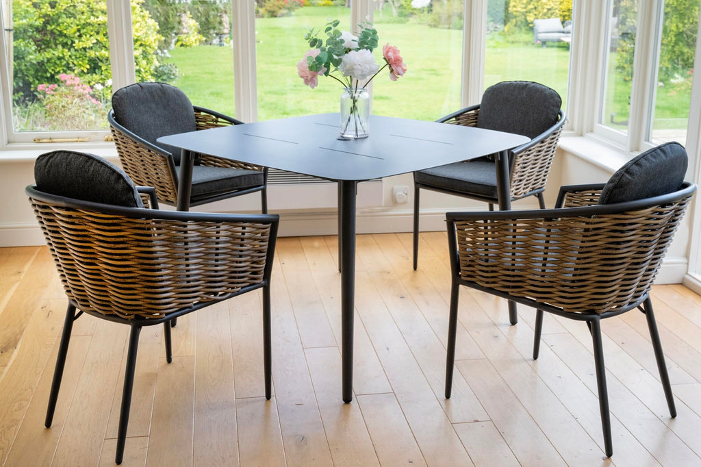 Bolingbroke 4 Seat Aluminium Brown Wicker 110cm Dining Table Set - Dark Grey Cushions
