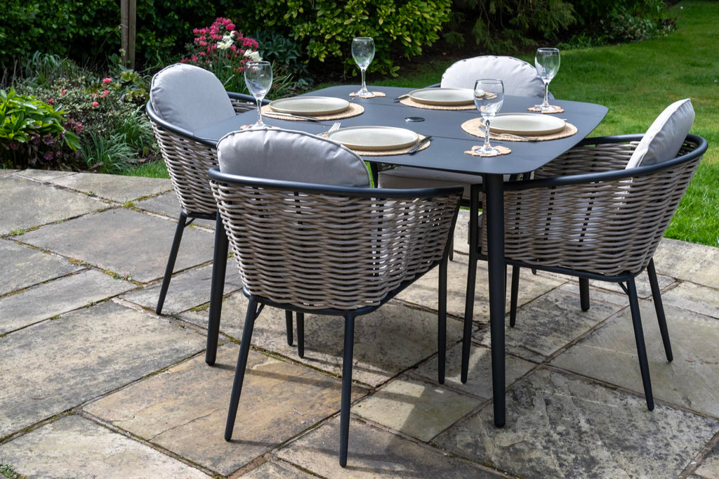 Bolingbroke 4 Seat Aluminium Grey Wicker 110cm Dining Table Set - Beige Cushions
