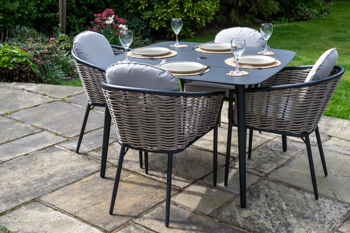 Bolingbroke 4 Seat Aluminium Grey Wicker 110cm Dining Table Set - Beige Cushions