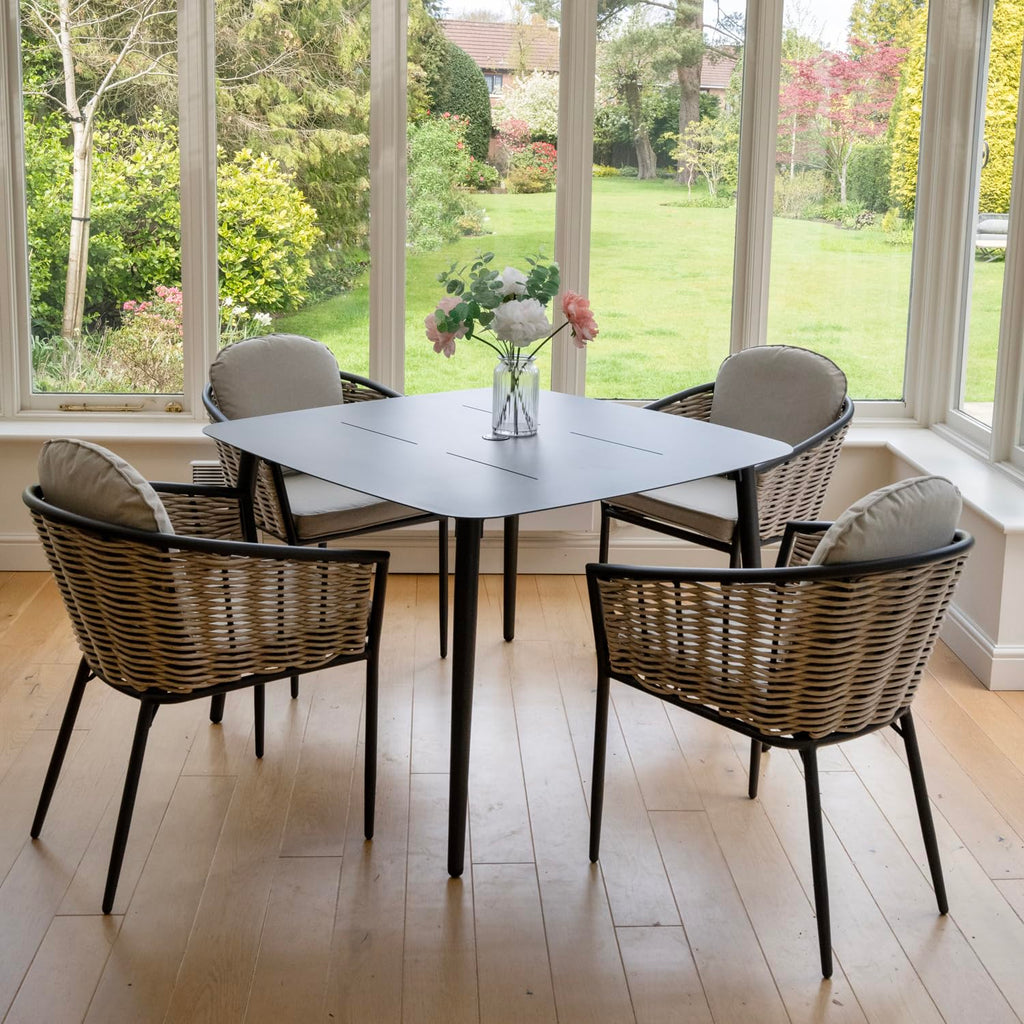 Bolingbroke 4 Seat Aluminium Grey Wicker 110cm Dining Table Set - Beige Cushions