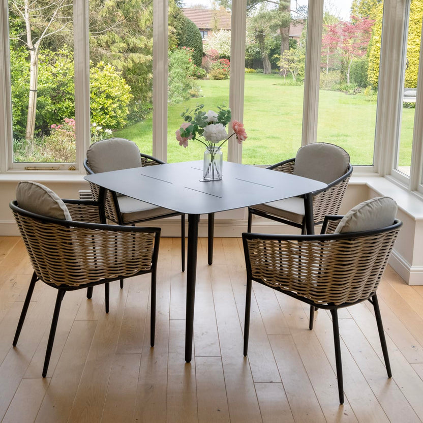 Bolingbroke 4 Seat Aluminium Grey Wicker 110cm Dining Table Set - Beige Cushions
