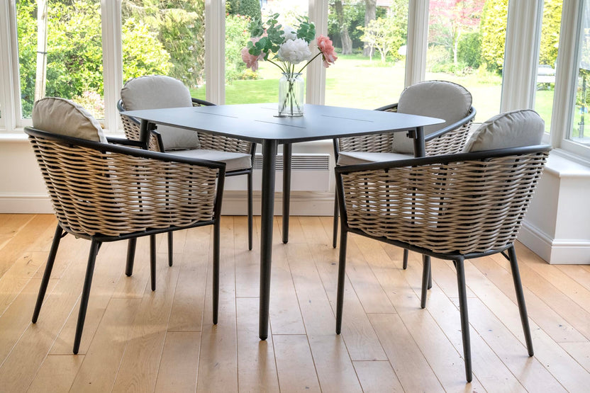 Bolingbroke 4 Seat Aluminium Grey Wicker 110cm Dining Table Set - Beige Cushions