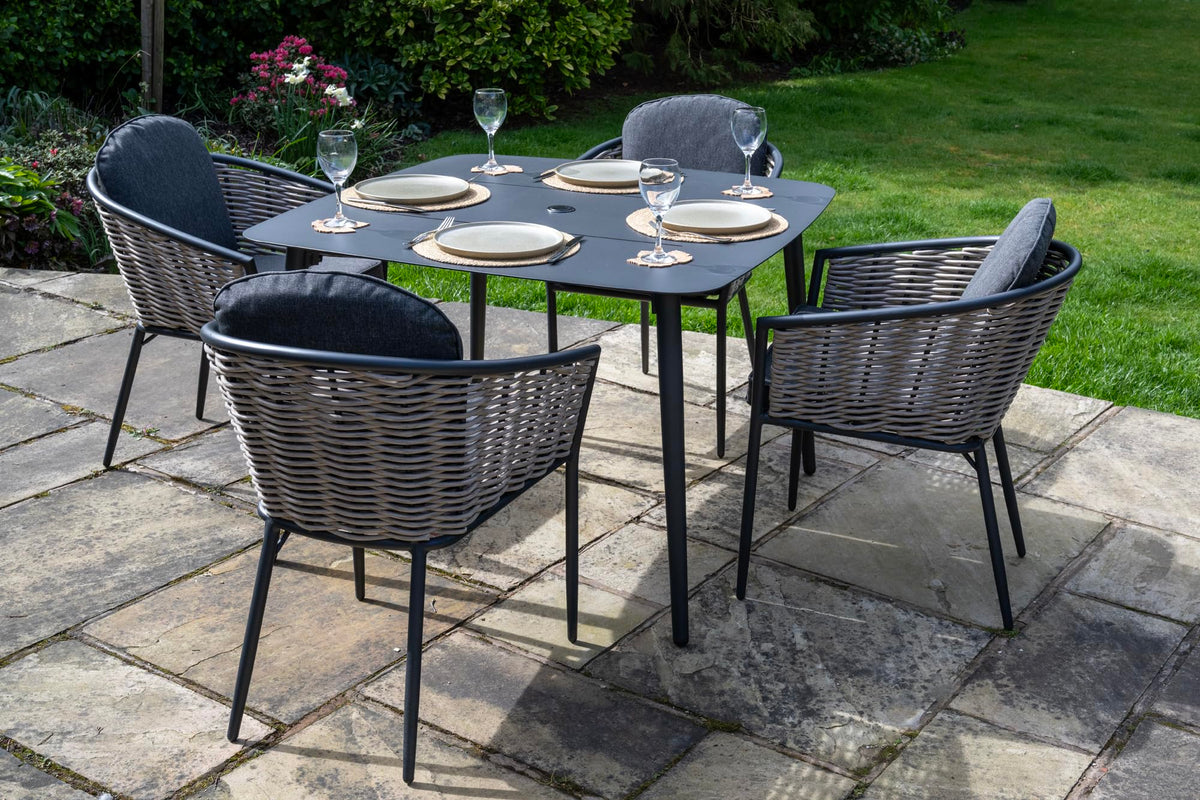 Bolingbroke 4 Seat Aluminium Grey Wicker 110cm Dining Table Set - Dark Grey Cushions