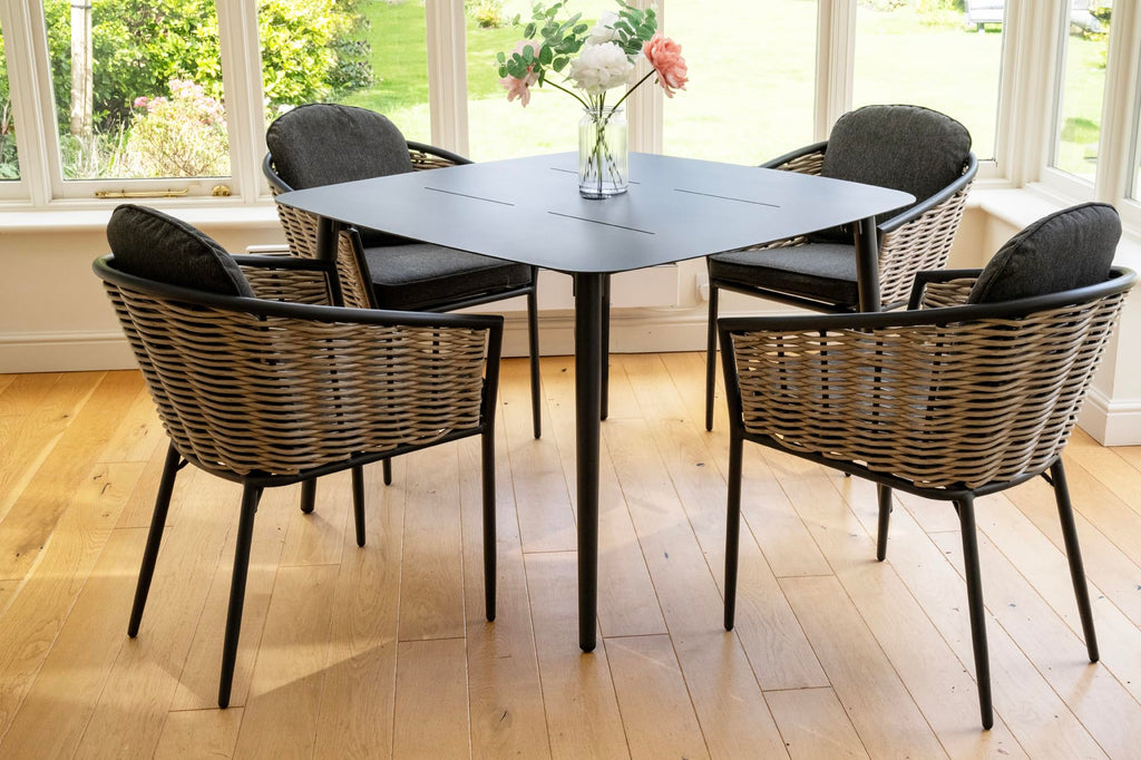Bolingbroke 4 Seat Aluminium Grey Wicker 110cm Dining Table Set - Dark Grey Cushions