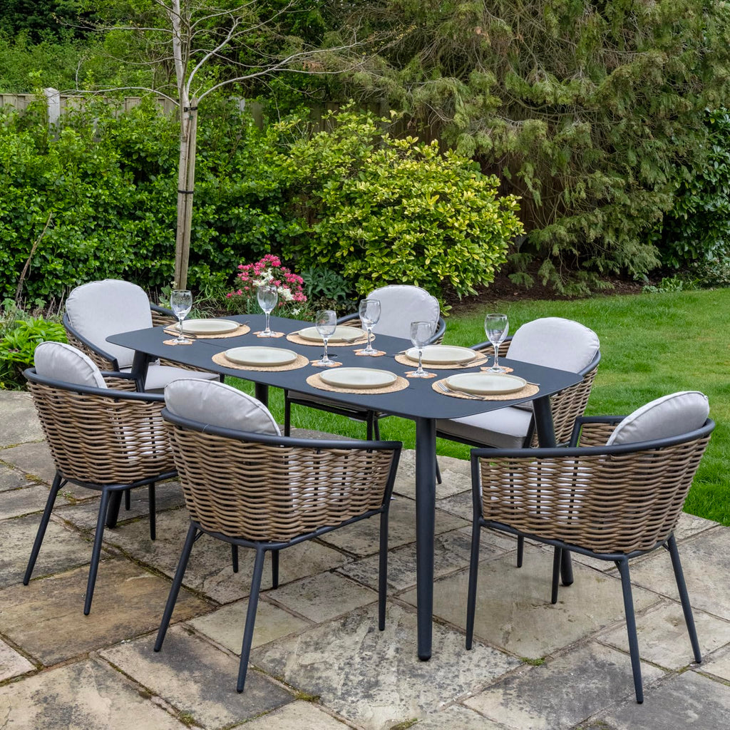 Bolingbroke 6 Seat Aluminium Brown Wicker 180cm Dining Table Set - Beige Cushions