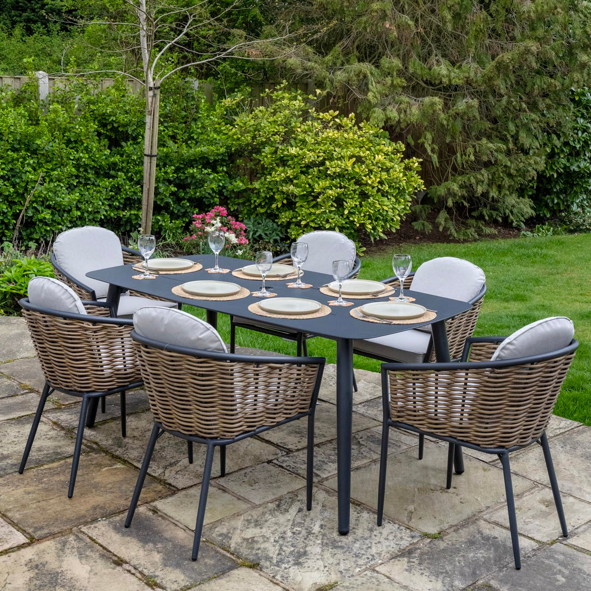 Bolingbroke 6 Seat Aluminium Brown Wicker 180cm Dining Table Set - Beige Cushions