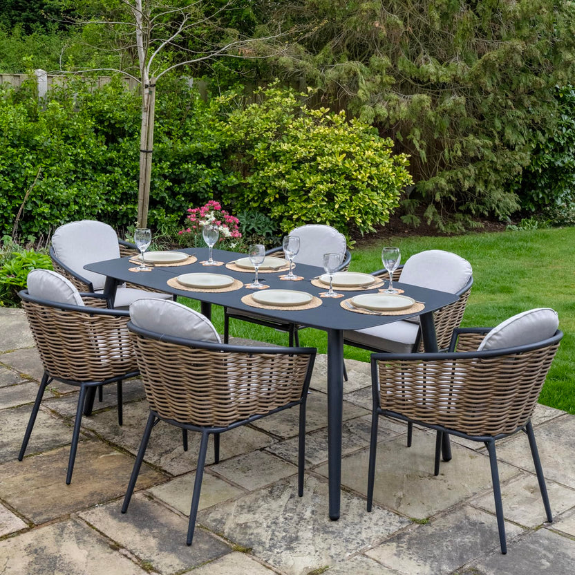 Bolingbroke 6 Seat Aluminium Brown Wicker 180cm Dining Table Set - Beige Cushions